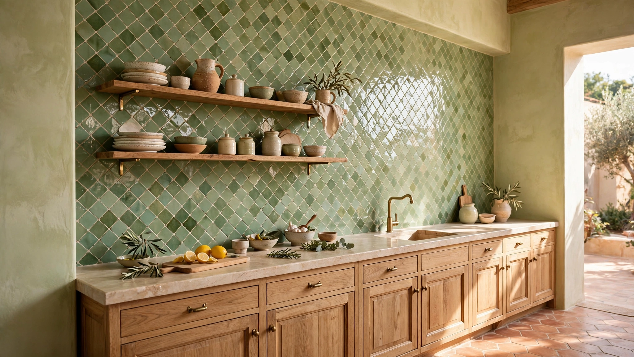 Floor-to-ceiling sage zellige tile feature wall in a Mediterranean kitchen