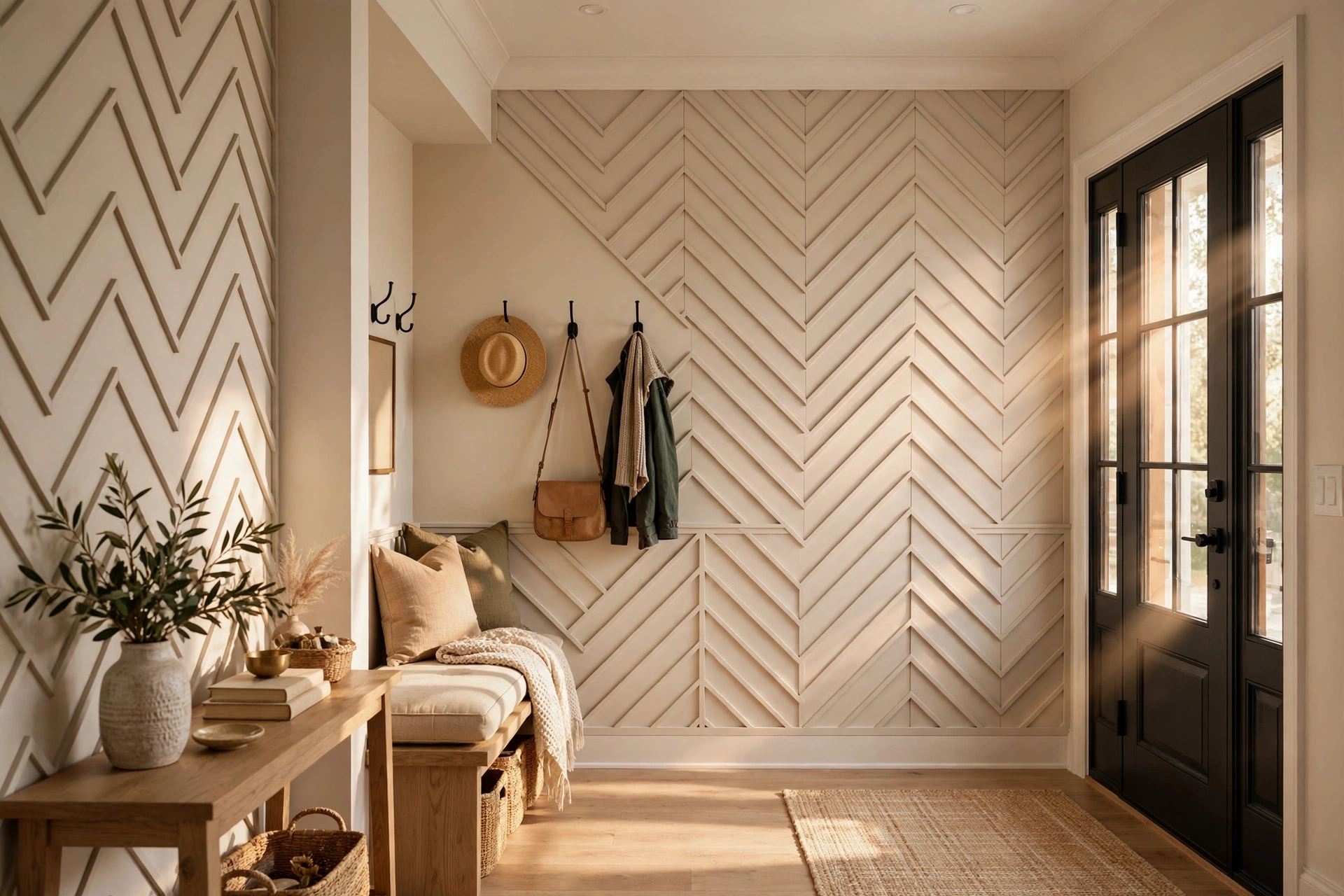 Geometric chevron batten wainscoting pattern on an entryway accent wall