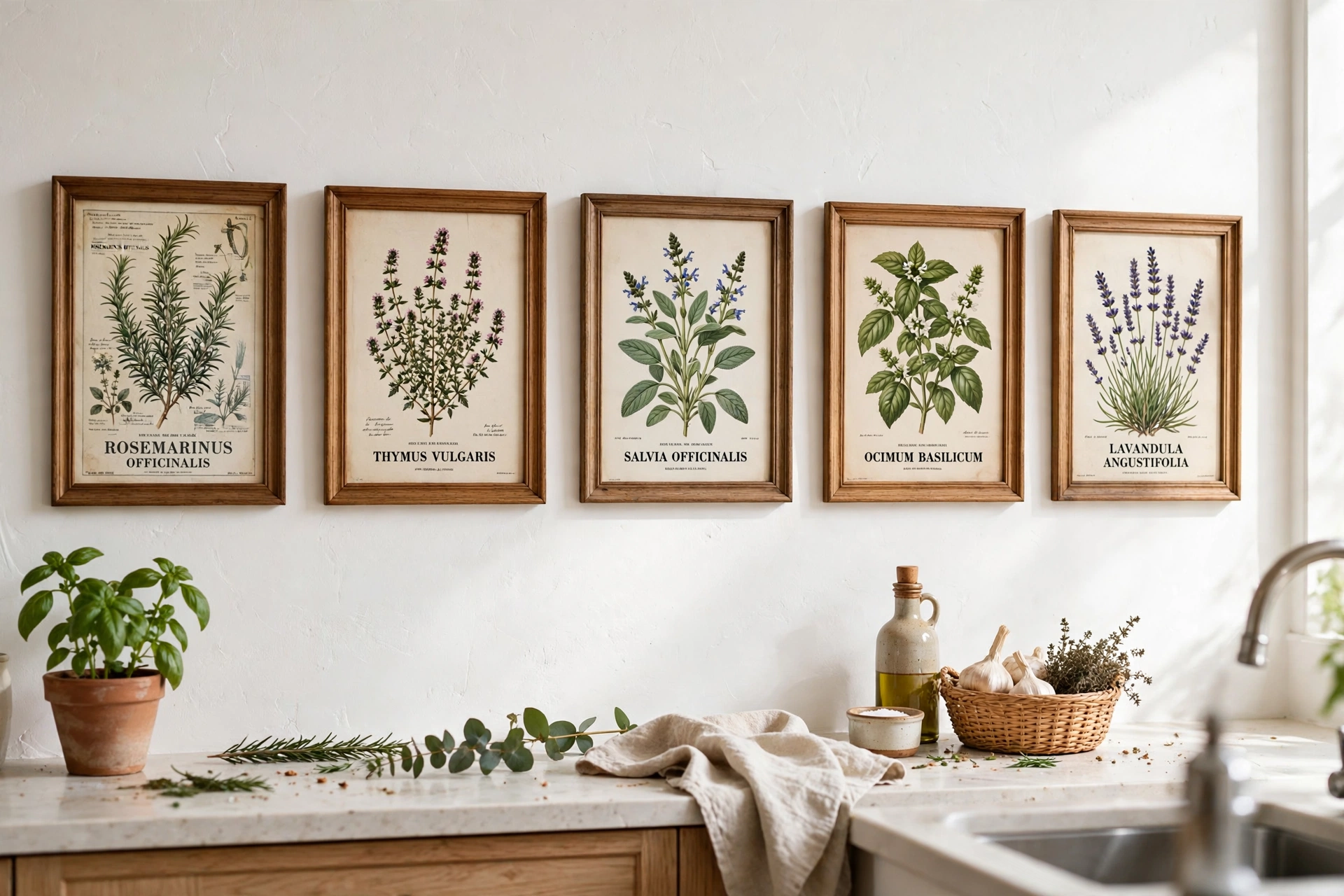 Framed vintage herb prints in a row on a bright kitchen wall