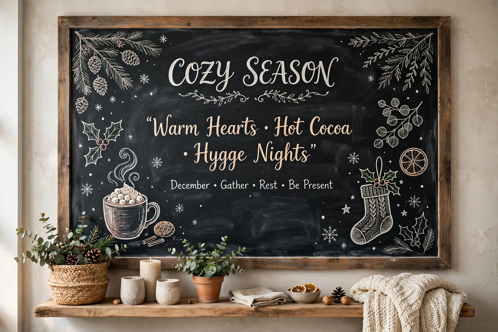 Chalkboard wall with seasonal hand lettered holiday quote and drawings
