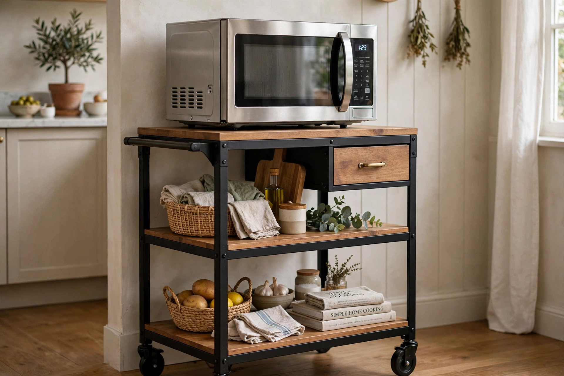Sturdy kitchen cart holding a microwave with styled lower tiers