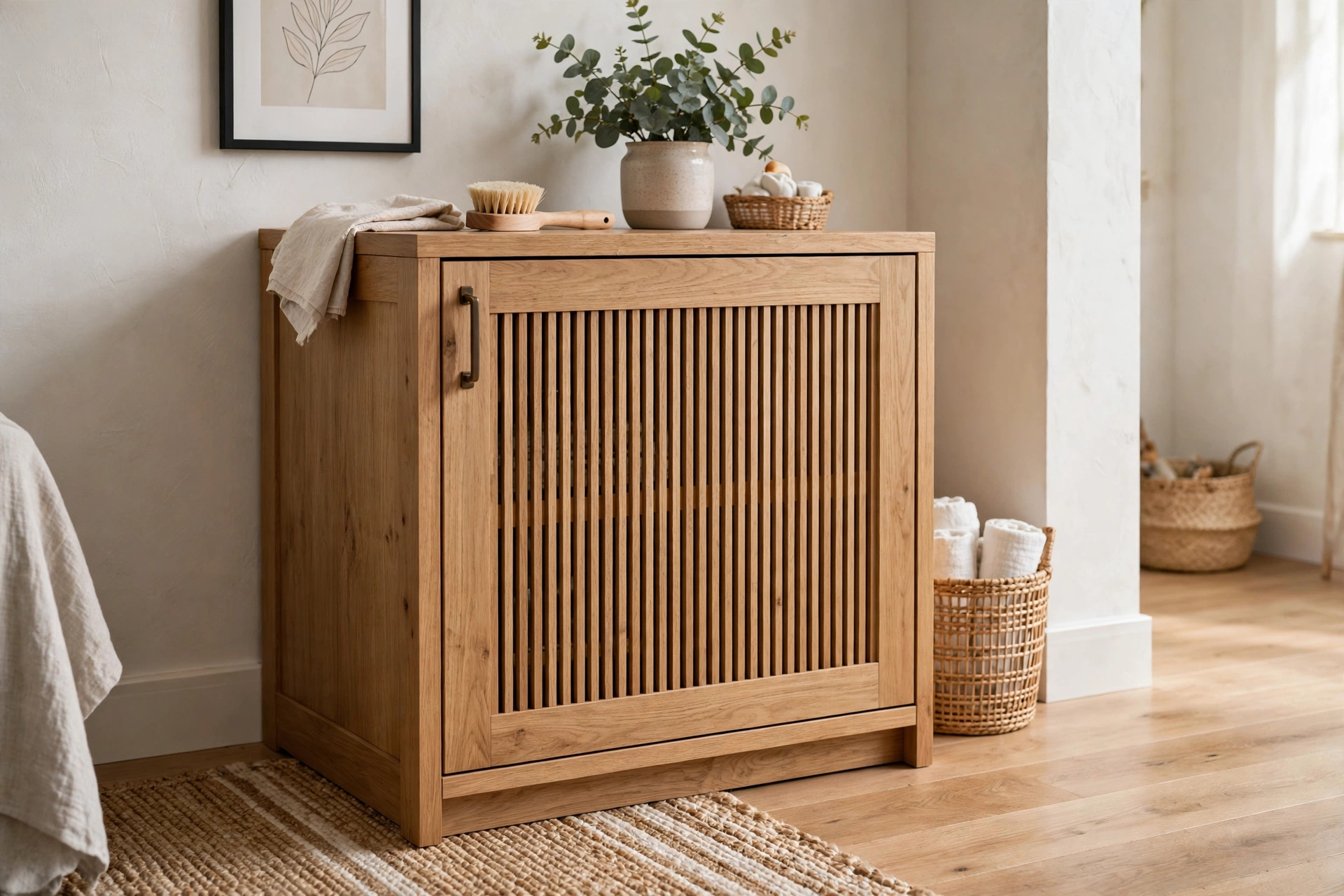 Custom built wooden enclosure hiding a trash bin like furniture