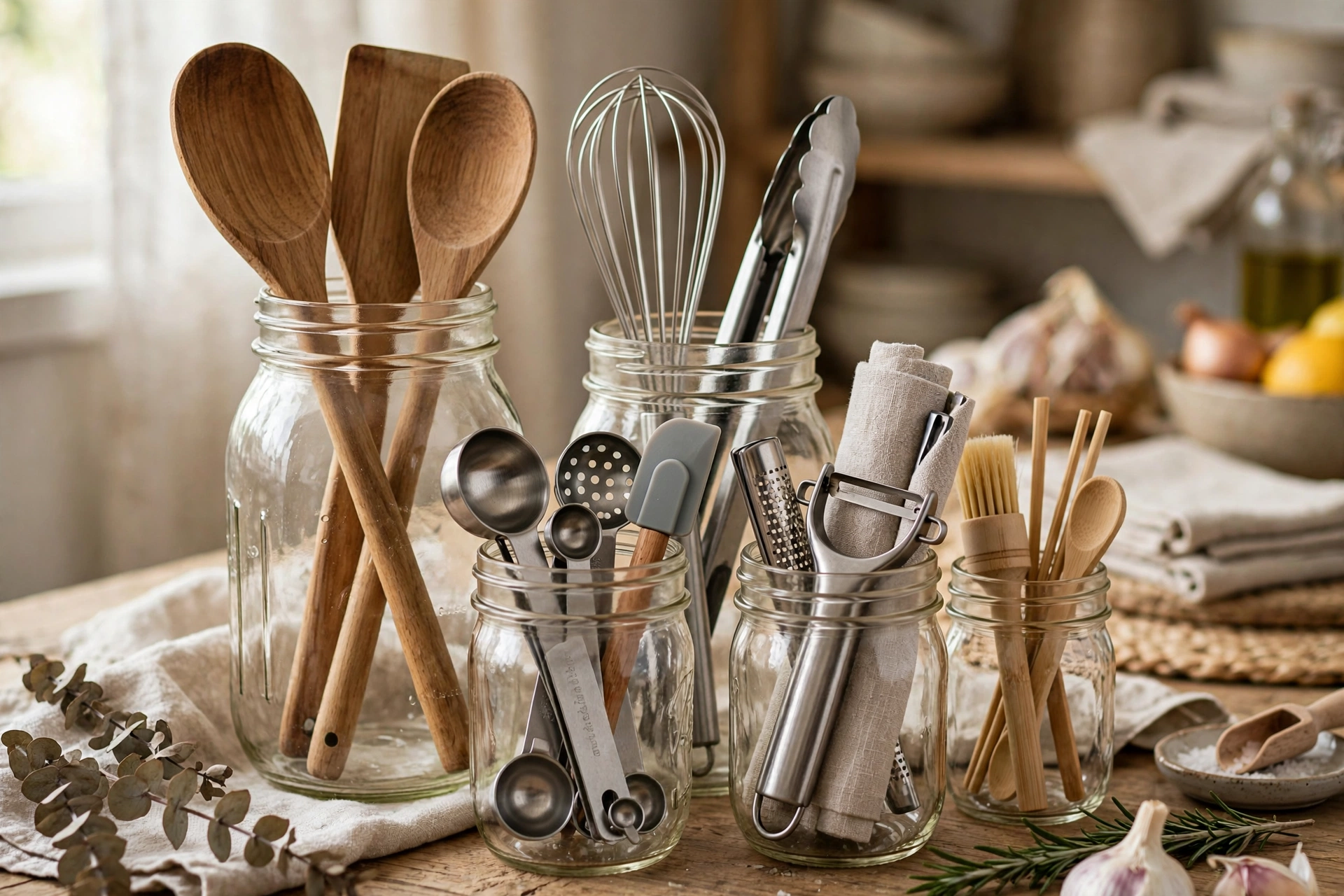 Cluster of mason jars in different sizes holding kitchen utensils