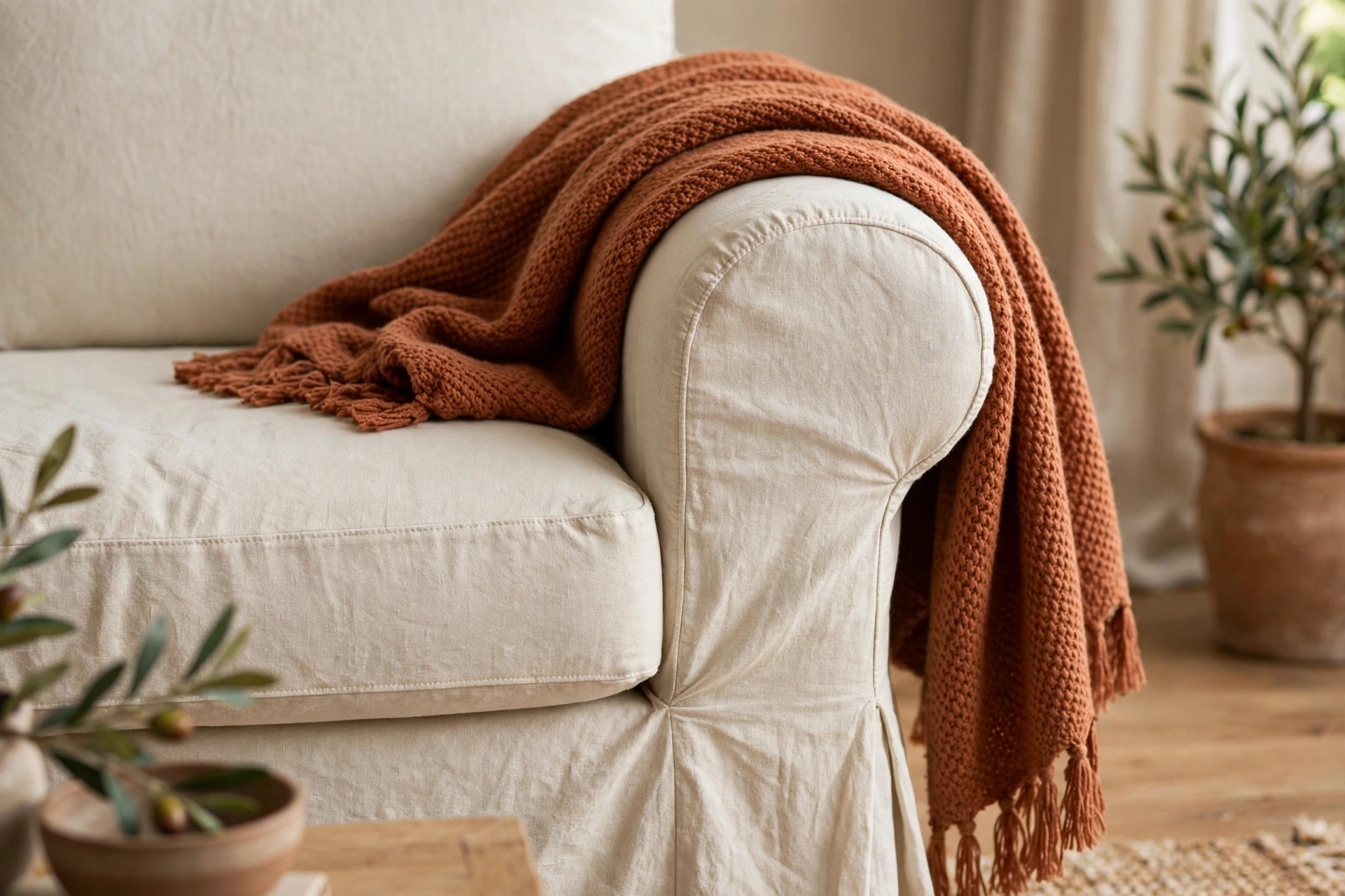 Neutral slipcover sofa arm dressed with a contrasting terracotta throw