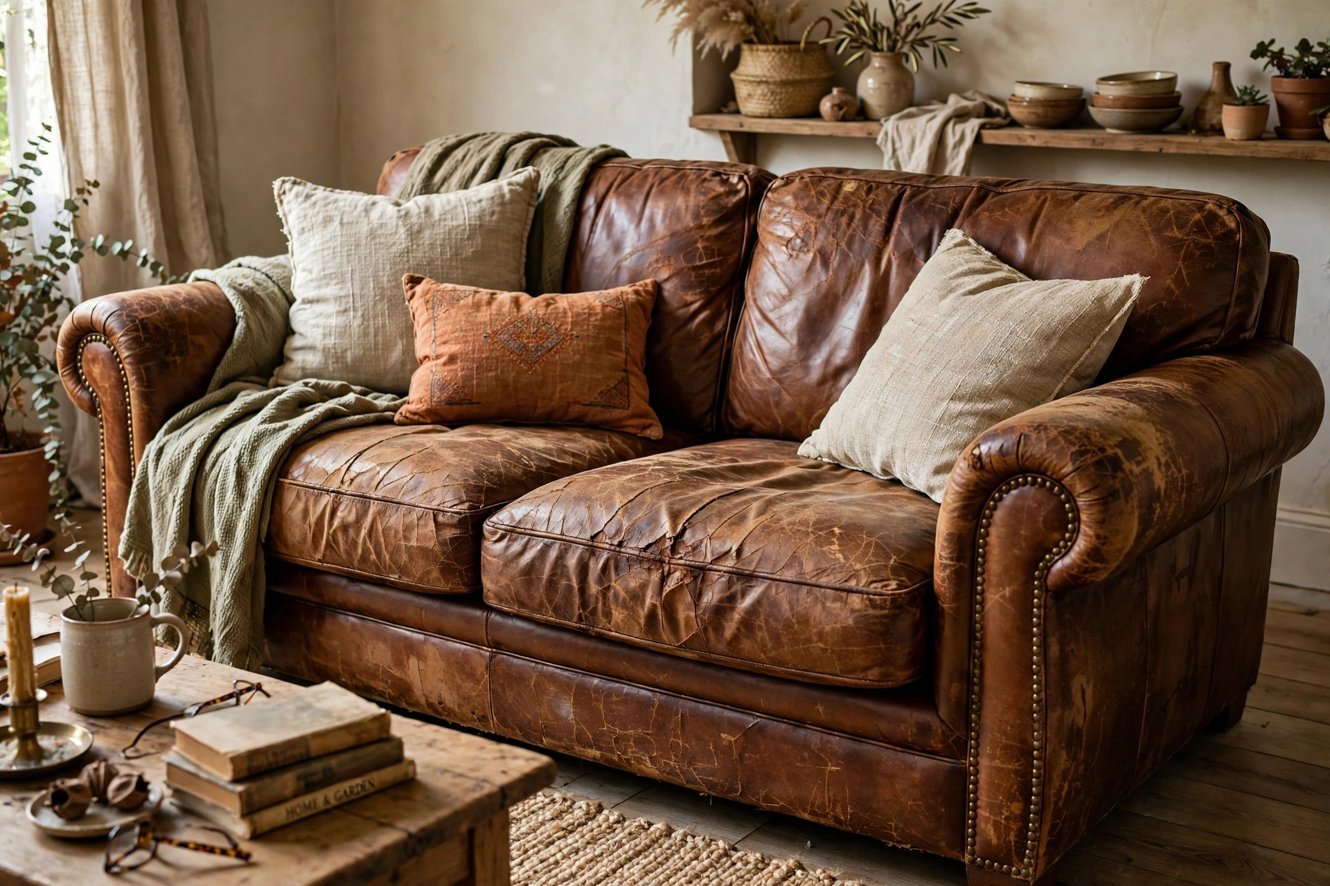 Well loved leather sofa showing beautiful aged patina and character
