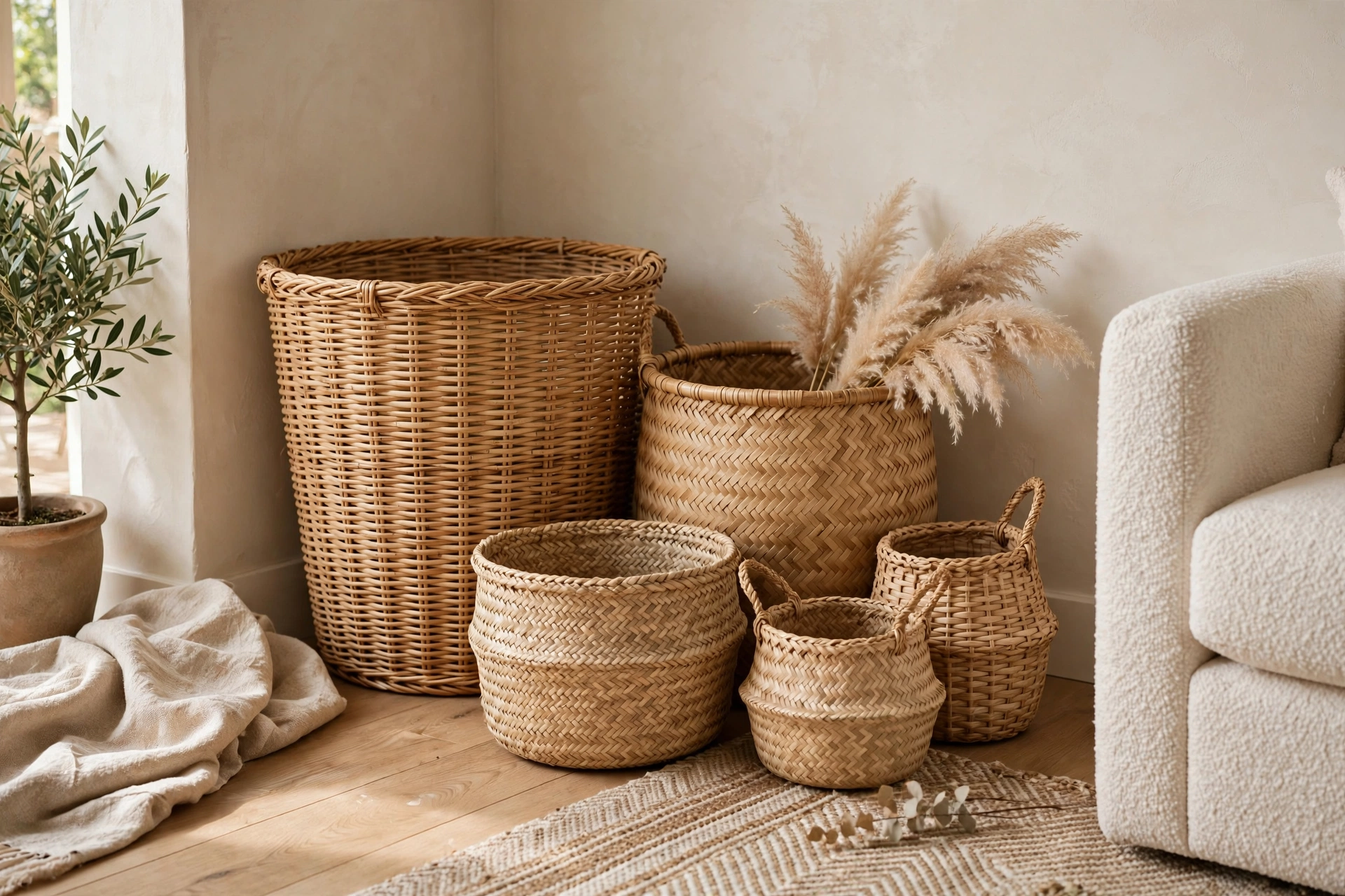 Cluster of woven baskets in graduated sizes styled in a living room corner