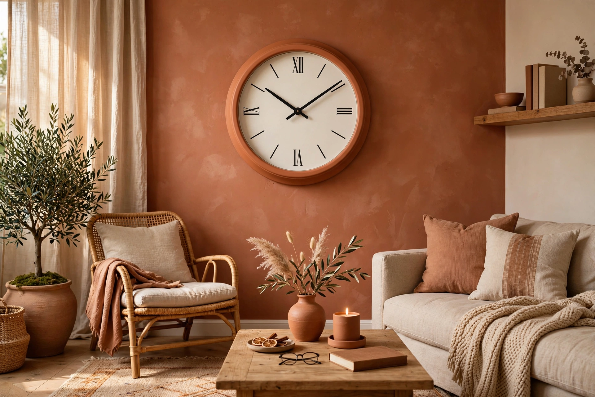 Terracotta colored wall clock coordinated with warm living room palette