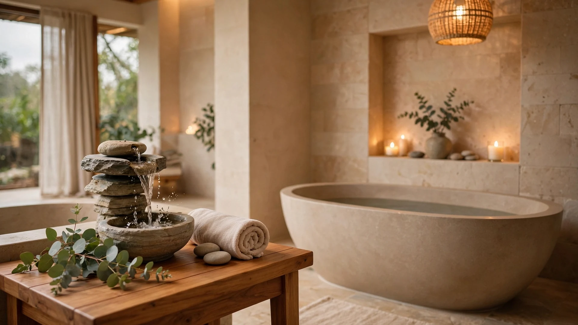 Small tabletop water fountain trickling beside a spa bathroom tub