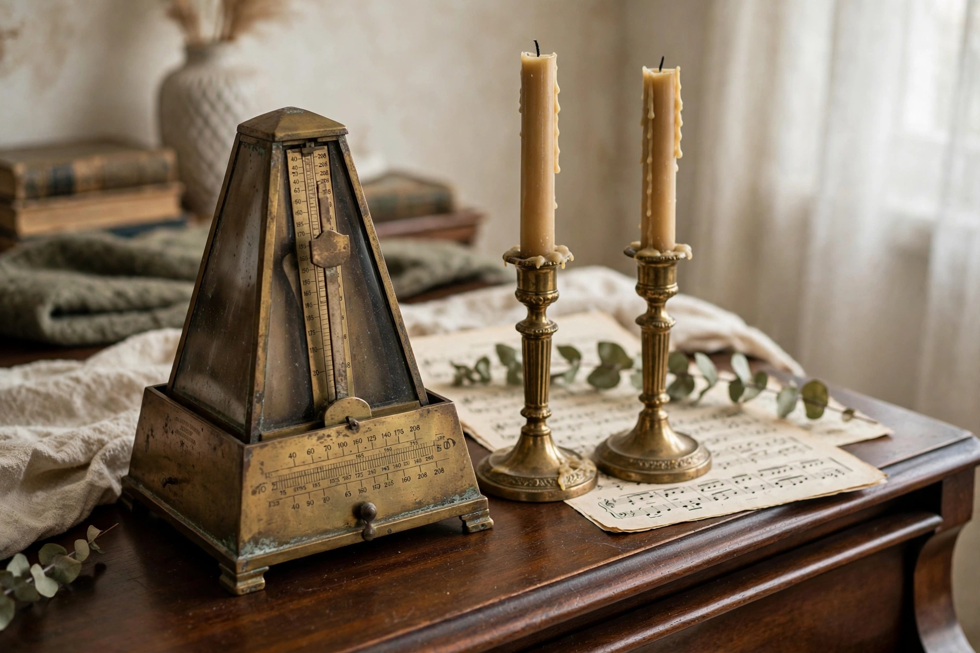 Antique brass metronome and candlesticks decorating a piano top
