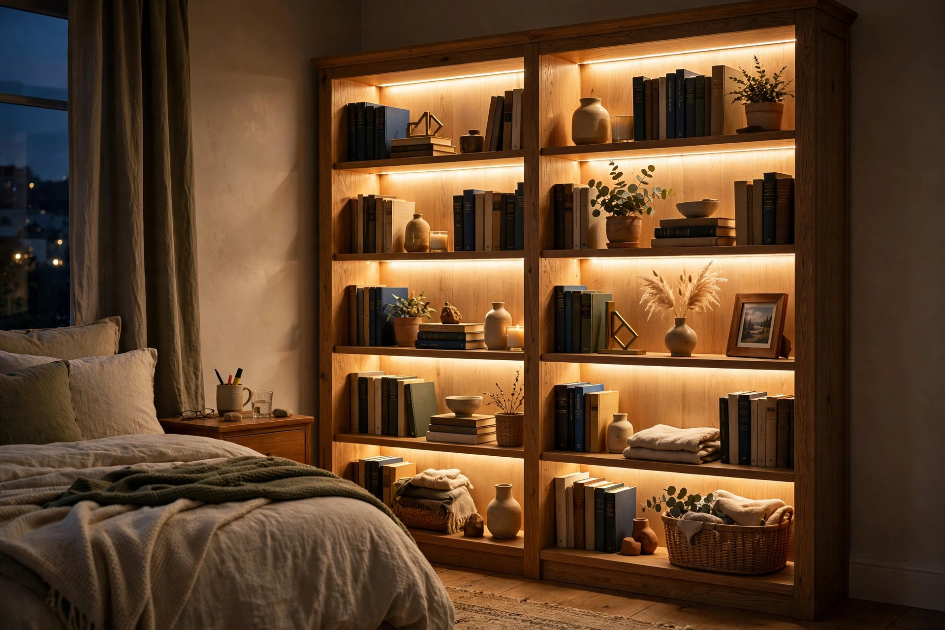 Bookcase shelves glowing with warm LED lighting in an evening bedroom