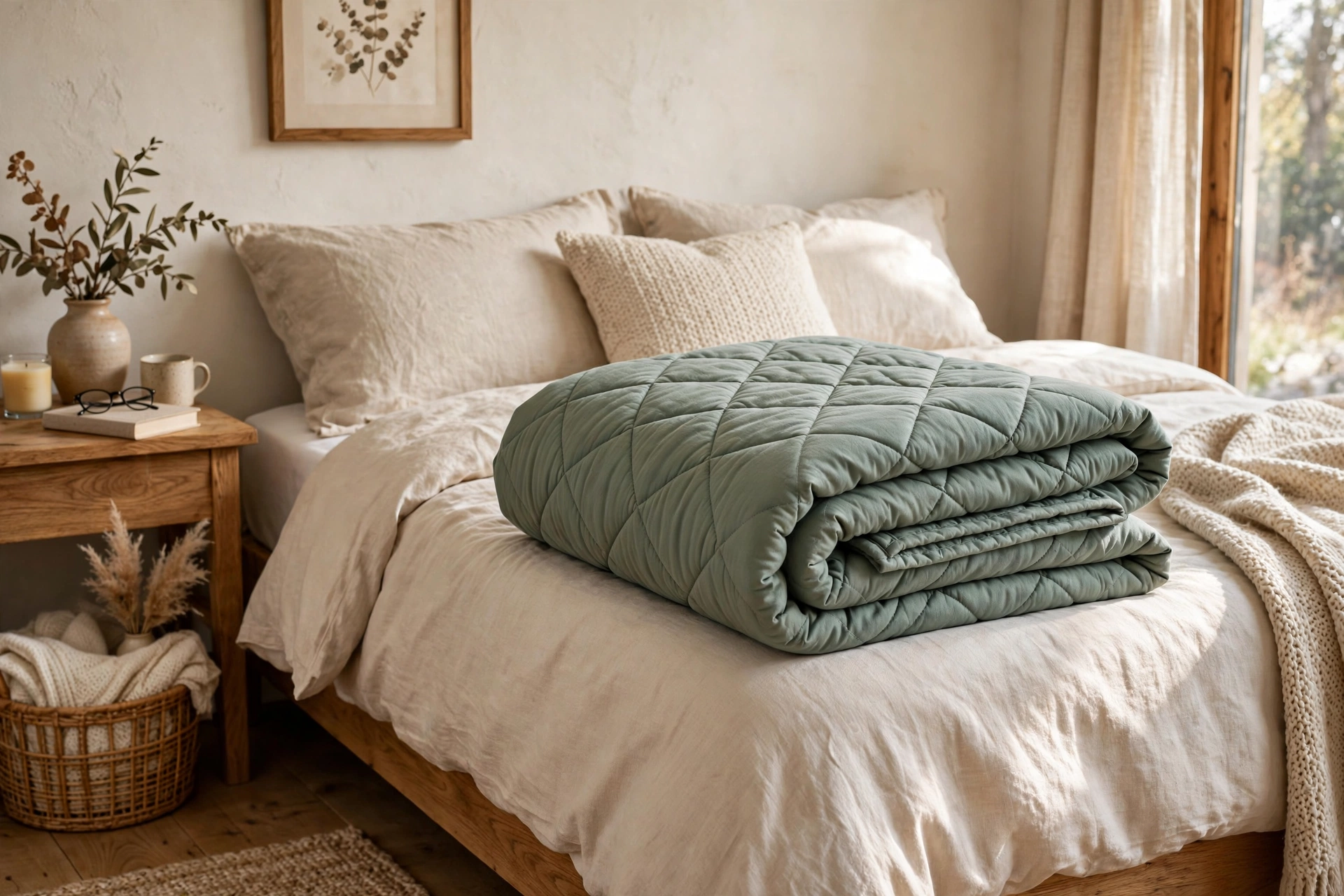 Quilted weighted throw blanket folded on a cozy bedroom bed