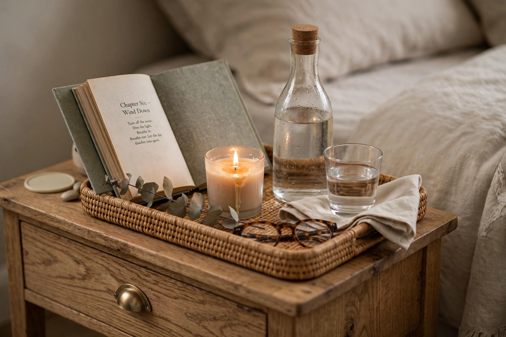 Bedtime ritual tray with book candle and water carafe on nightstand