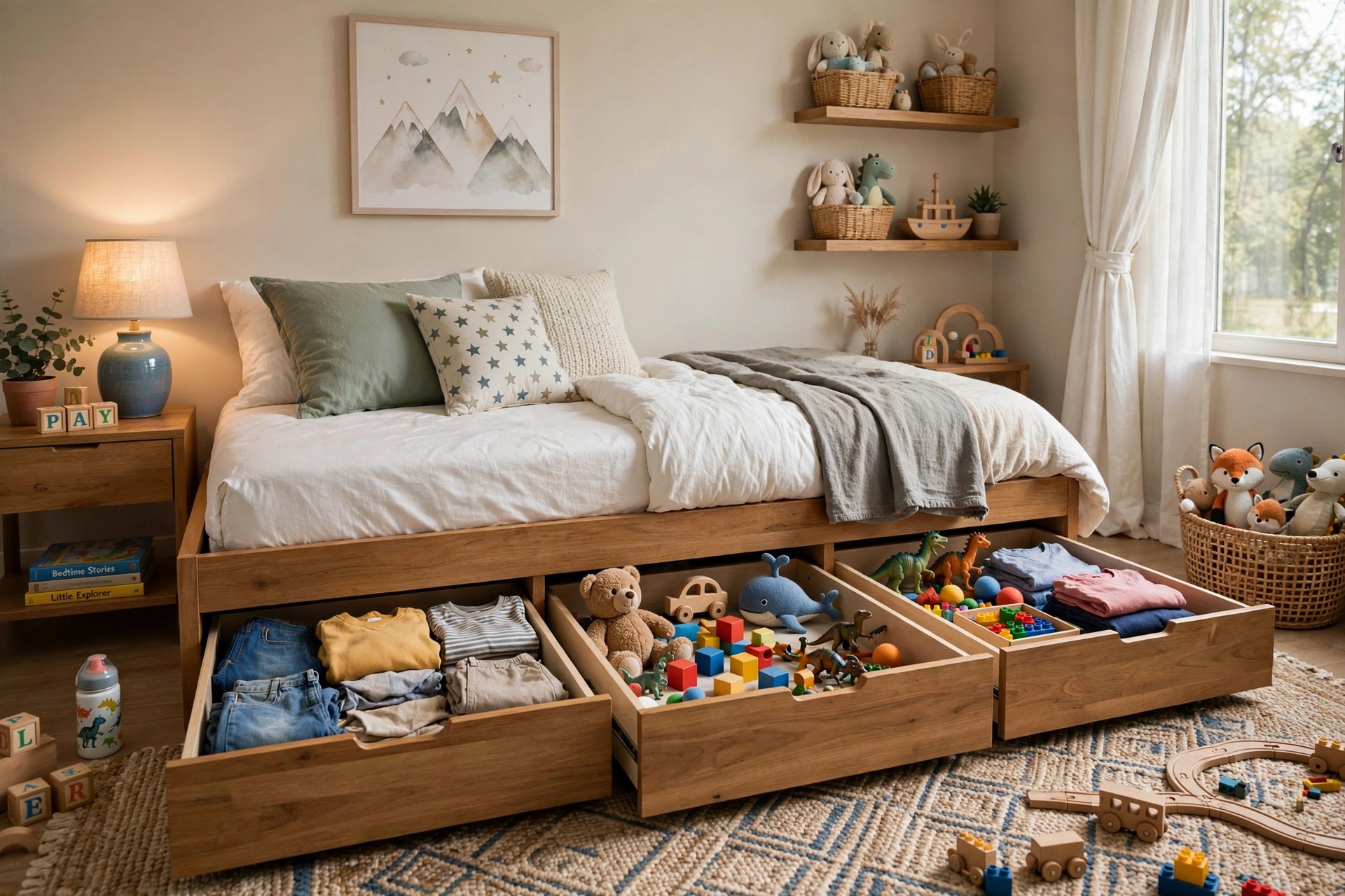 Kids bedroom with storage bed drawers holding toys and clothes