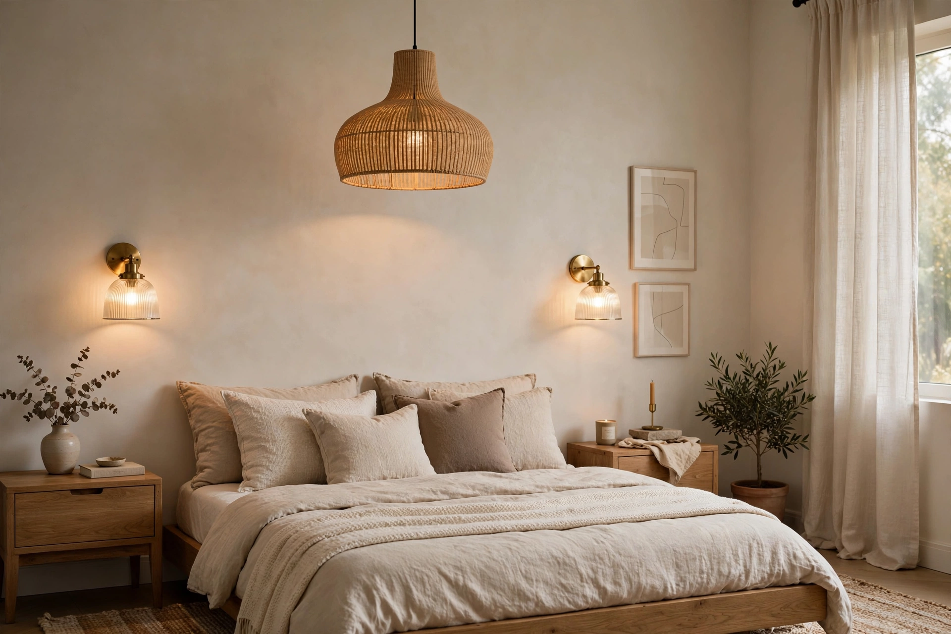 Bedroom with wall sconces layered under a dimmable pendant light
