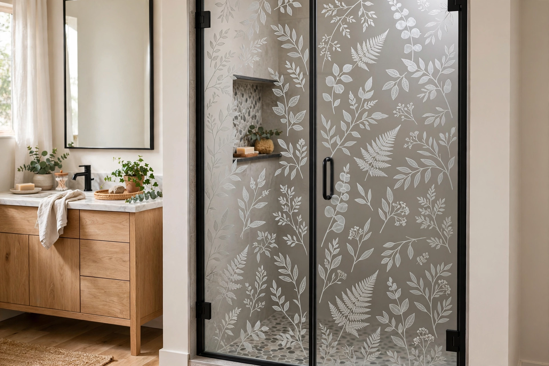 Etched patterned glass shower door with a frosted botanical motif