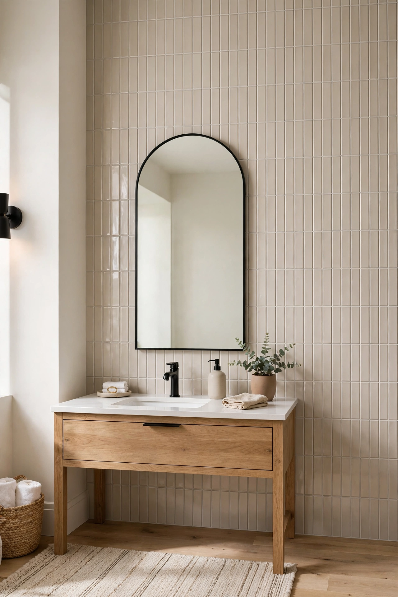 Vertically stacked rectangular tile backsplash making the bathroom feel taller