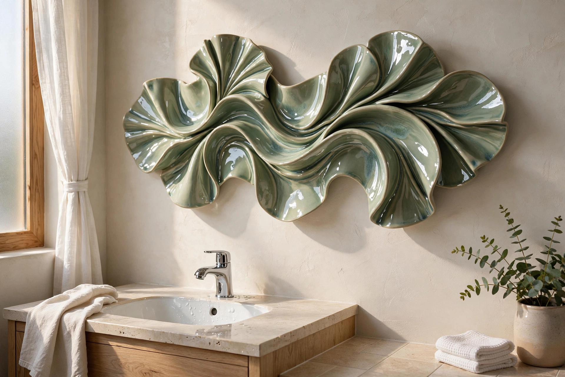 Glazed ceramic sculptural wall decor catching light in a bathroom