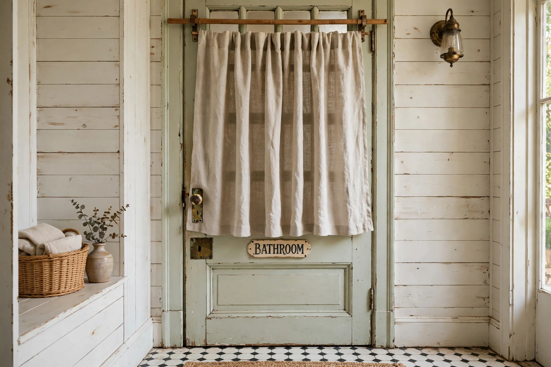 Linen fabric curtain panel hung over a vintage style bathroom door