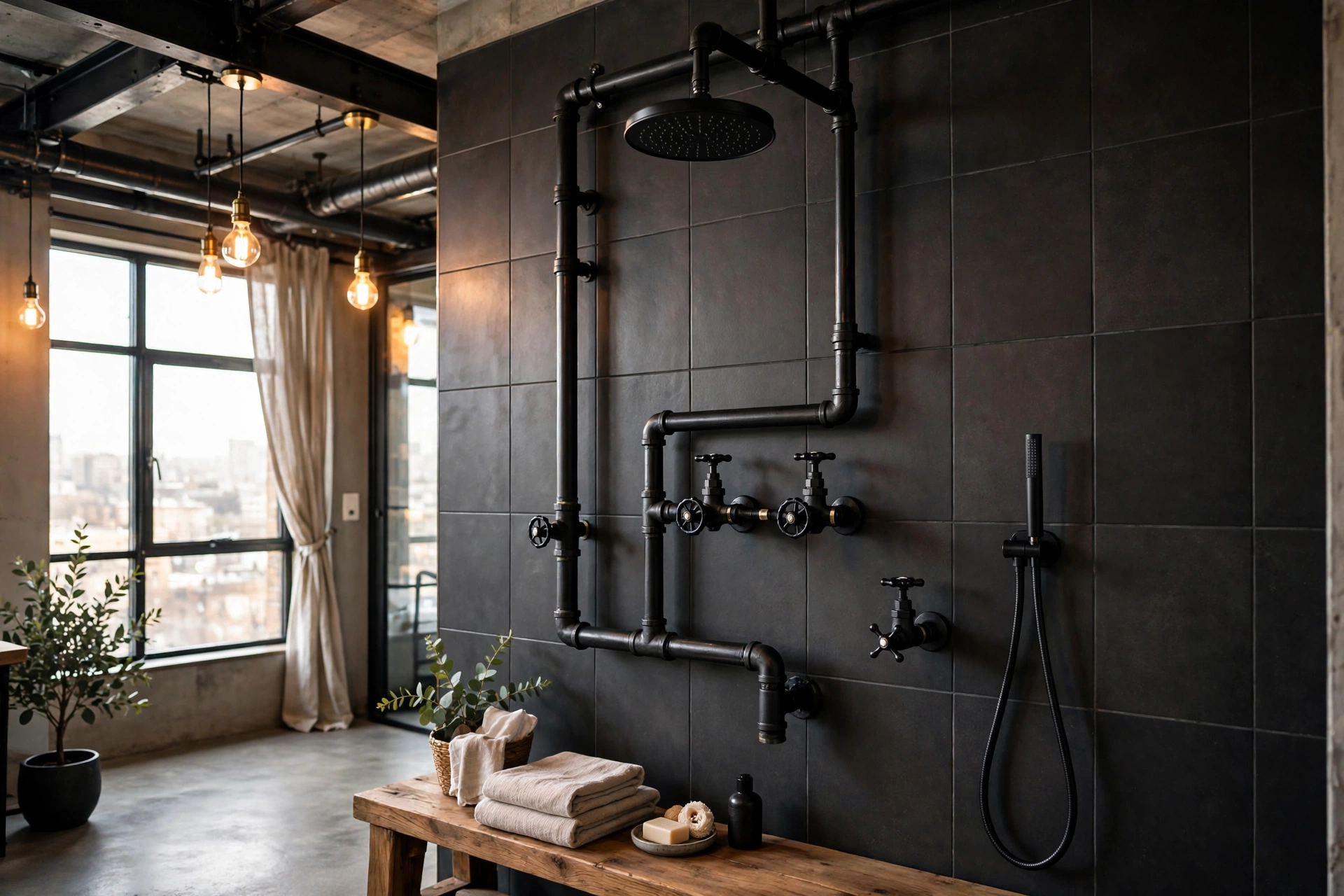 Industrial shower with exposed blackened steel pipes, valves, and rain head on dark tiles