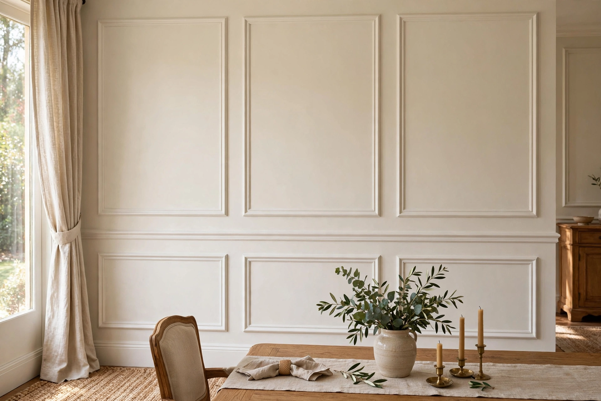 Elegant picture frame molding panels on a classic dining room wall