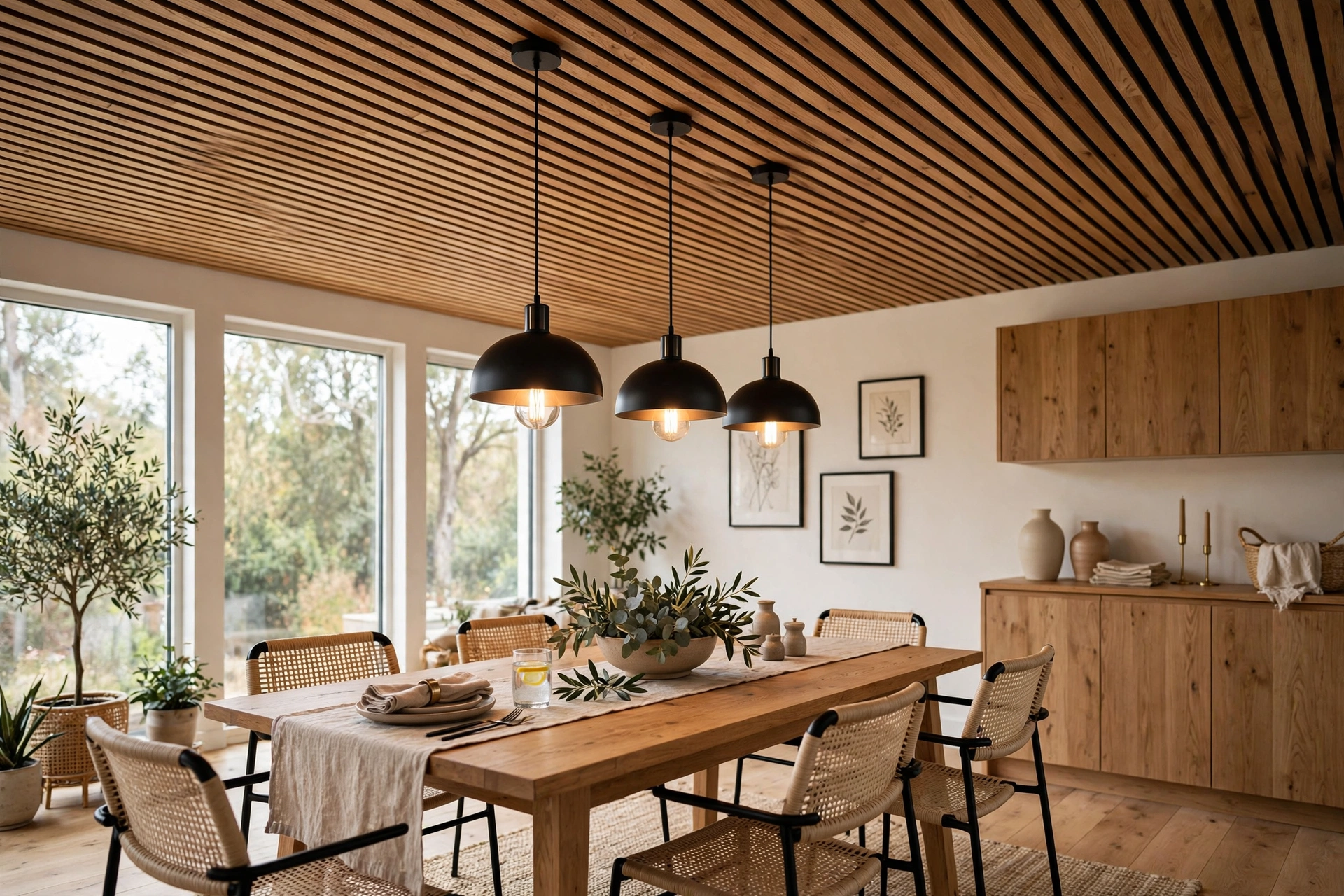 Modern dining room with a warm wood slat ceiling and pendant lights