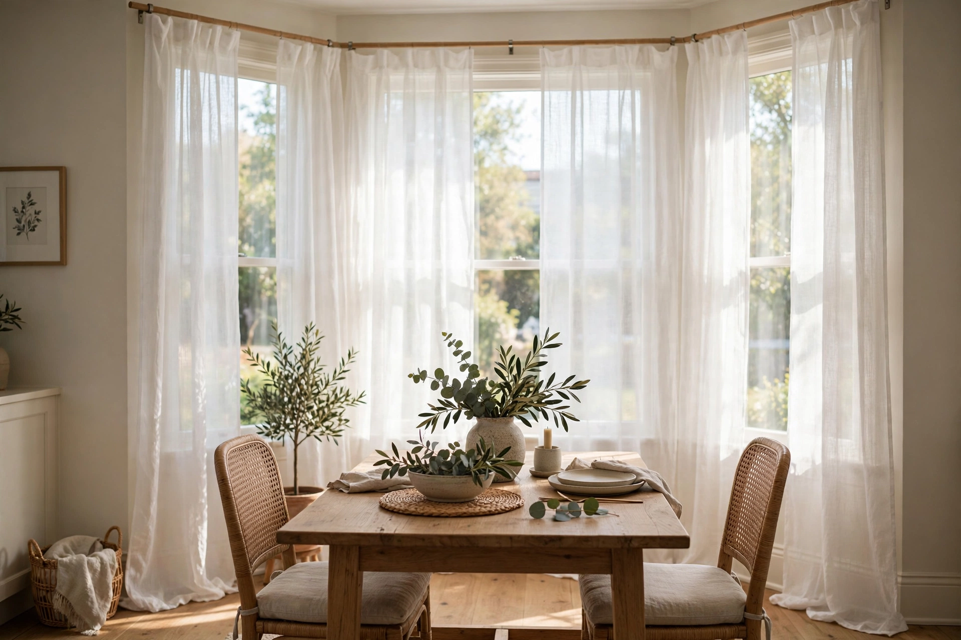 Sheer white curtains diffusing sunlight in a dining room bay window