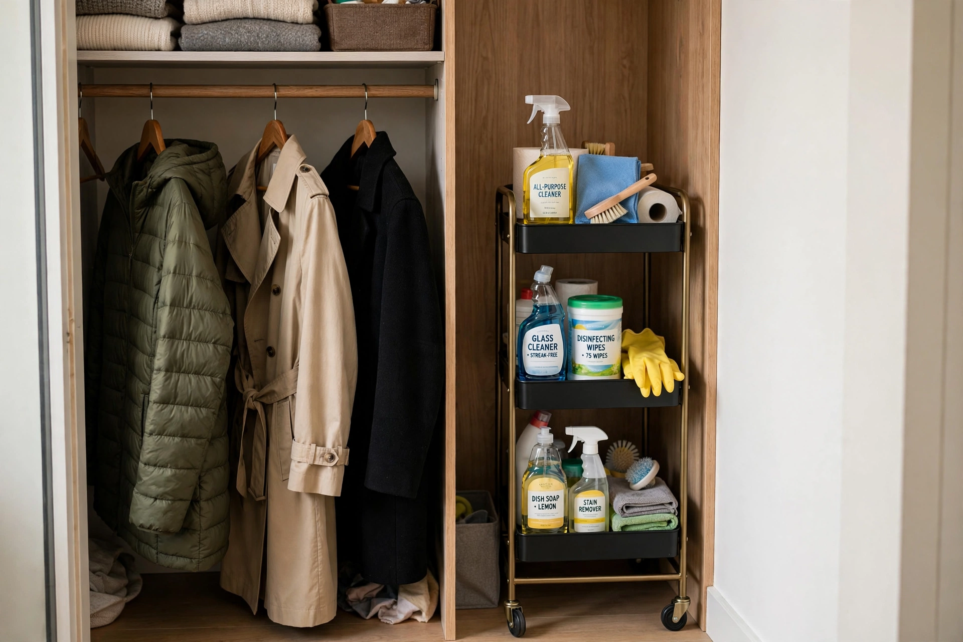 Slim rolling cart with cleaning supplies beside hanging coats