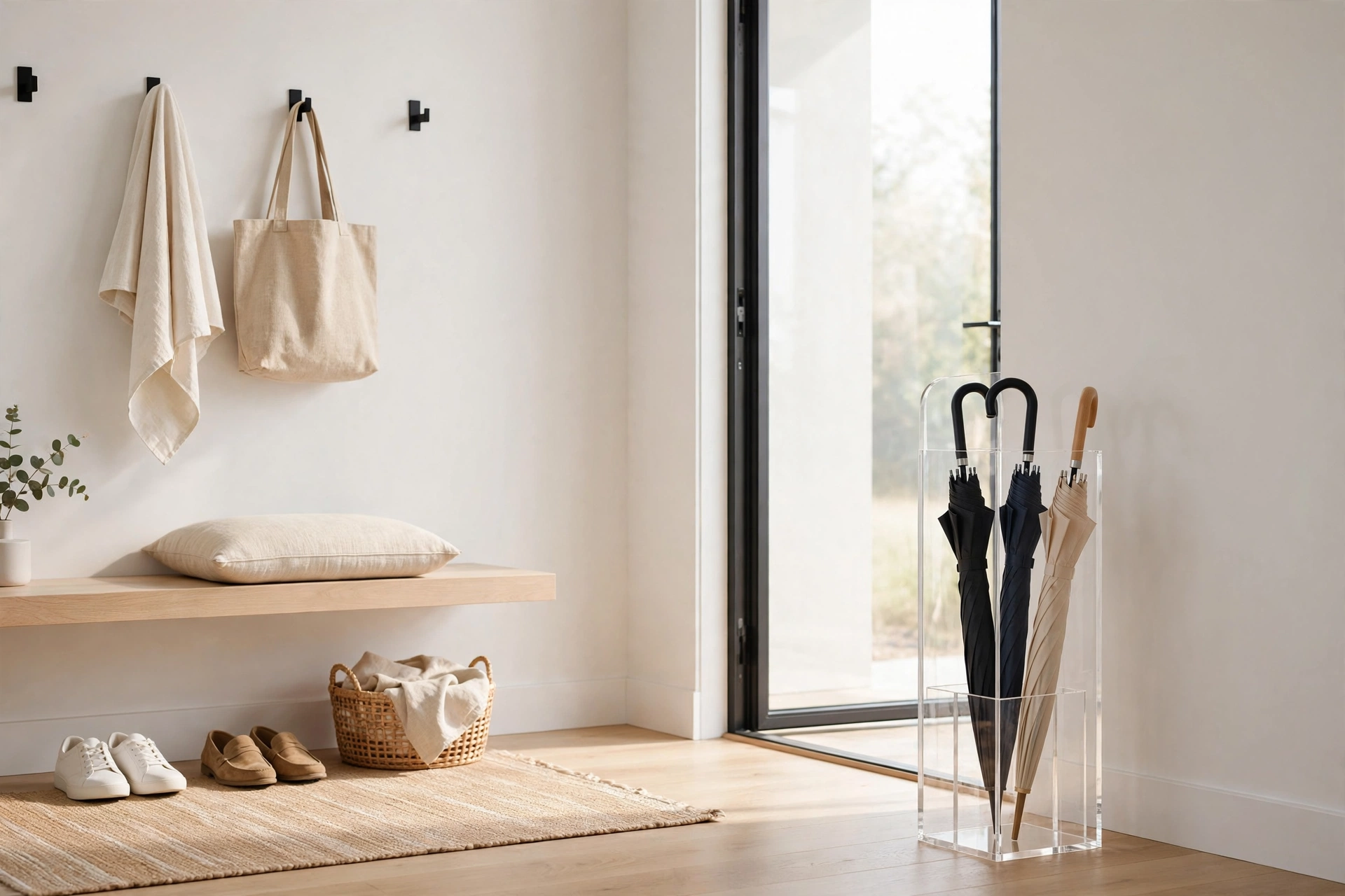 Clear acrylic umbrella stand nearly invisible in a minimalist entryway