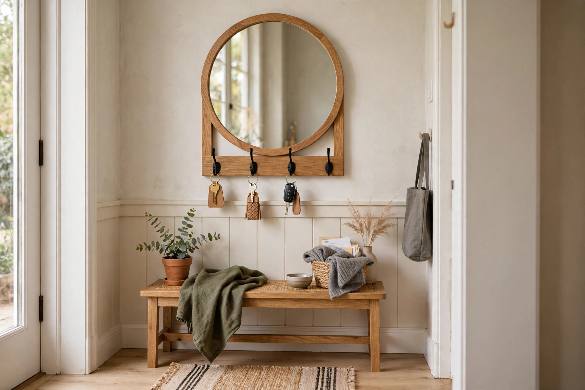 Round mirror with integrated key hooks in a small entryway