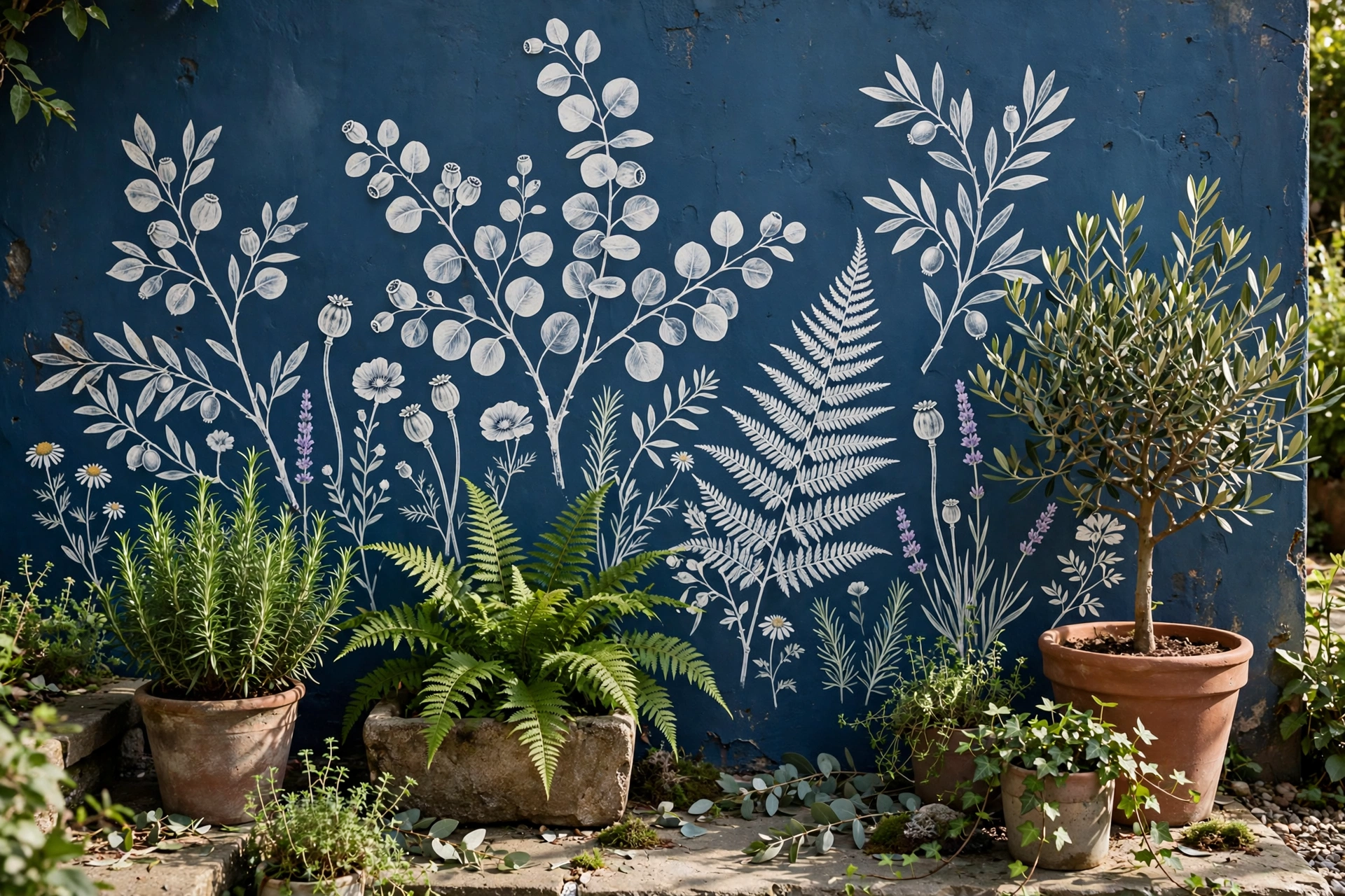 Deep blue painted garden wall with a white botanical mural and plants