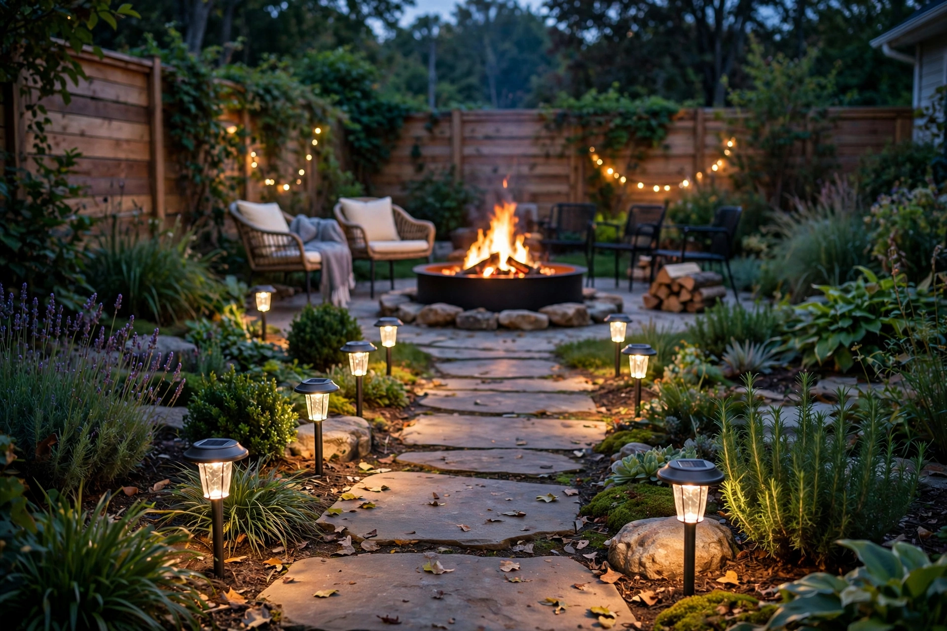 Solar path lights guiding a walkway toward a backyard fire pit