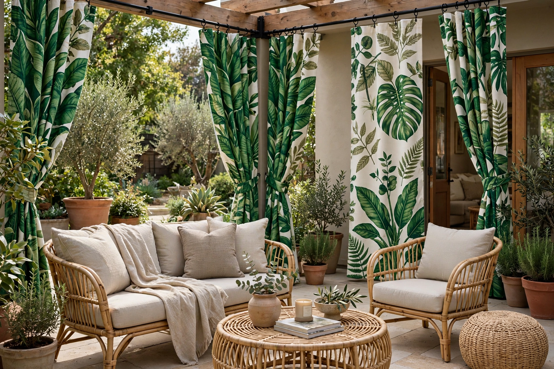 Bold botanical print outdoor drapes bringing color to a neutral patio