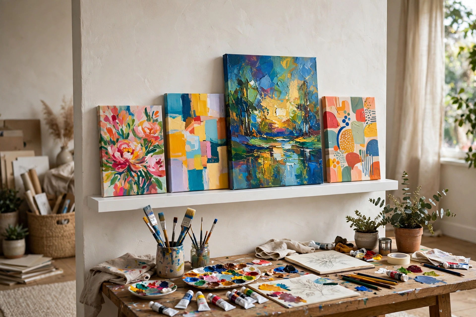 Picture ledge displaying finished canvases in a home art studio