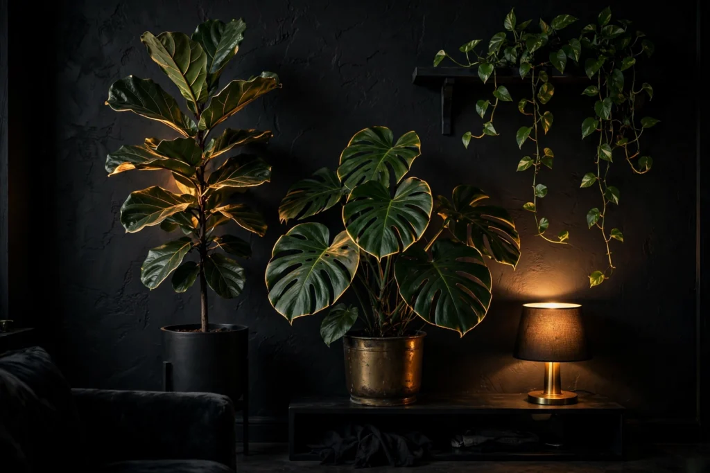 Tall green plants glowing against a charcoal wall in a moody living room