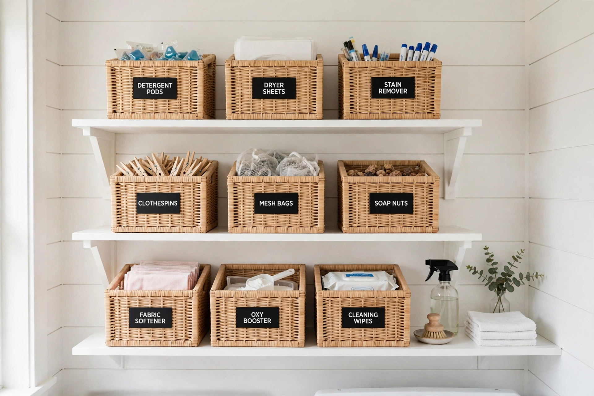 Matching labeled bins organizing supplies on laundry room shelves