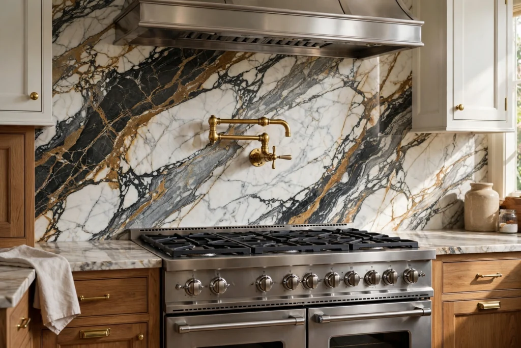 Brass pot filler mounted on dramatic veined marble backsplash behind the range