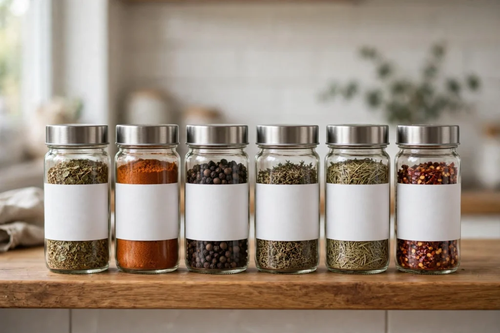 Matching glass spice jars with clean white labels lined up on a shelf