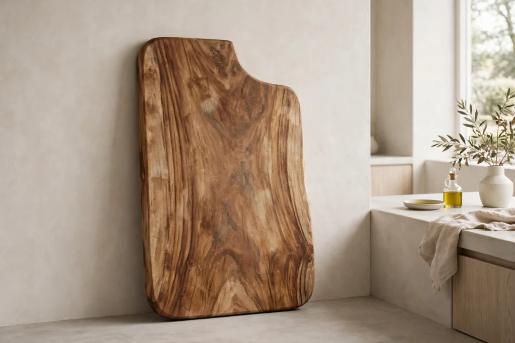Oversized acacia cutting board leaning alone against a minimalist kitchen wall