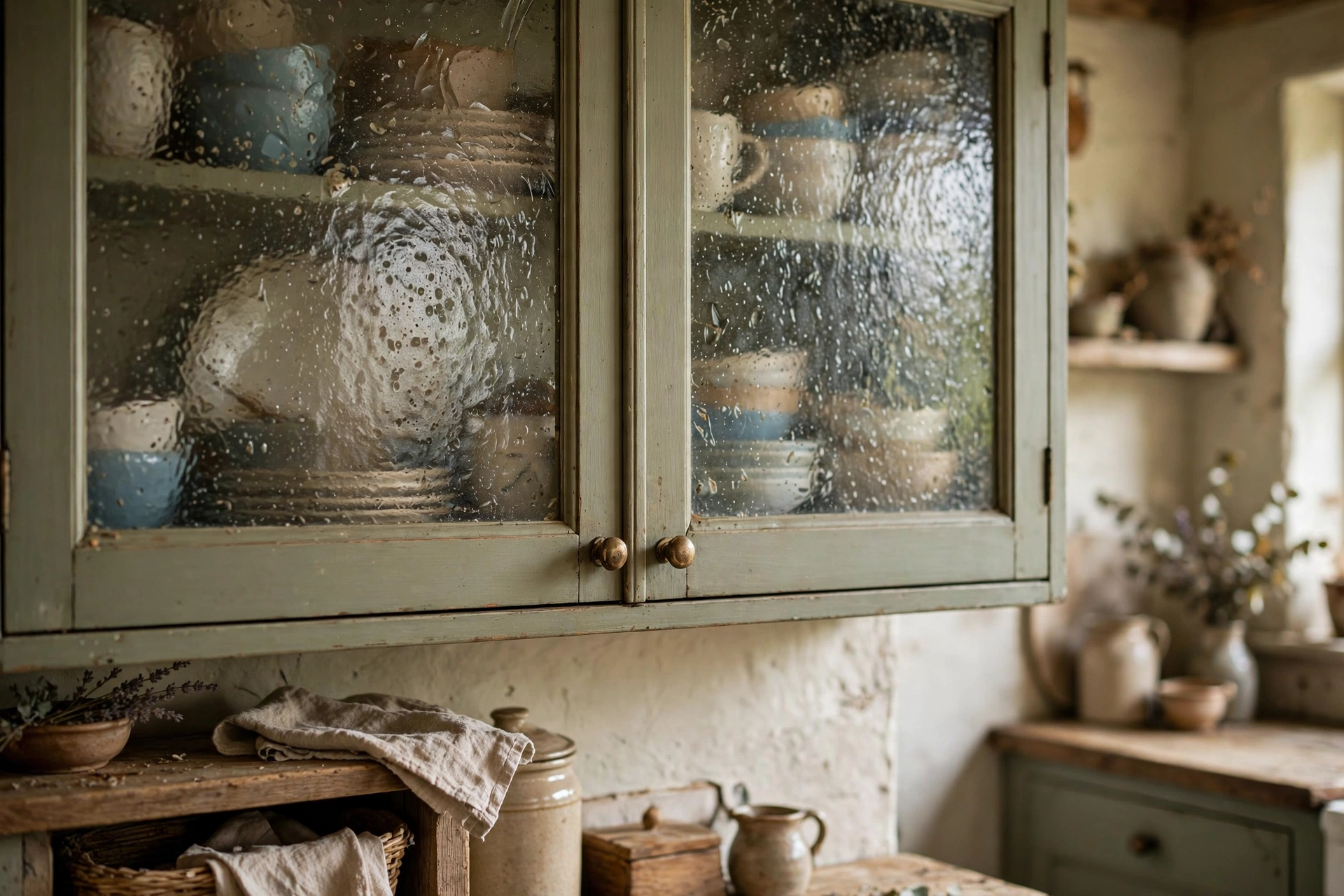 Seeded glass cabinet doors adding vintage texture to a cottage kitchen