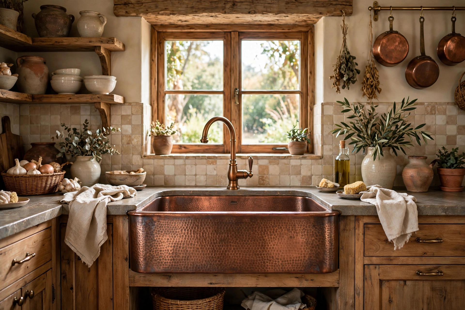 Hammered copper sink paired with a warm bronze faucet in matching style