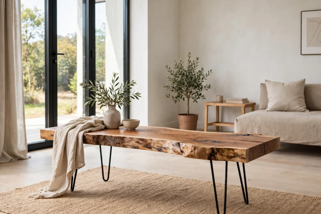Live edge wood slab bench on hairpin legs in minimalist room