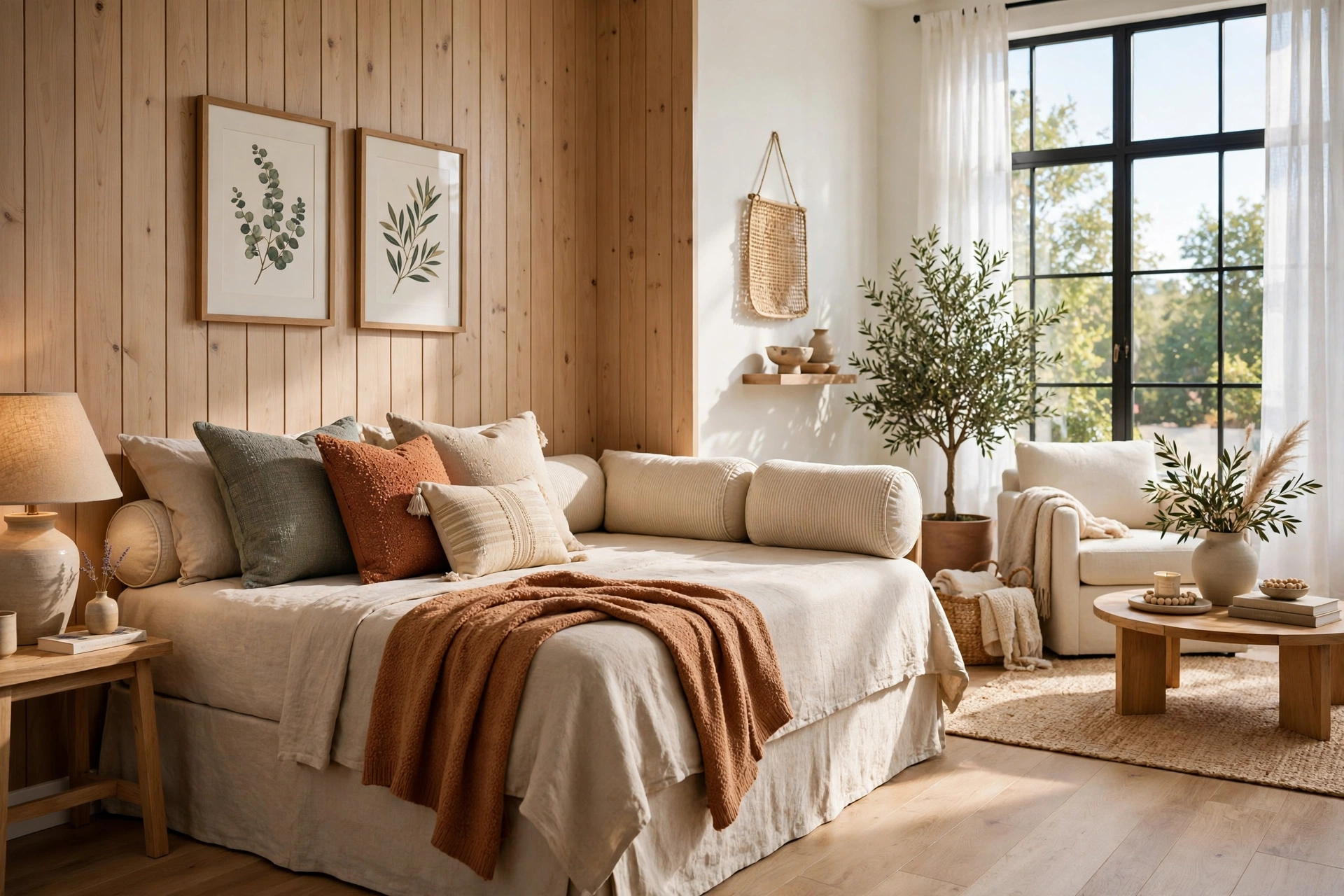 Twin bed against wall converted to daybed with bolster pillows