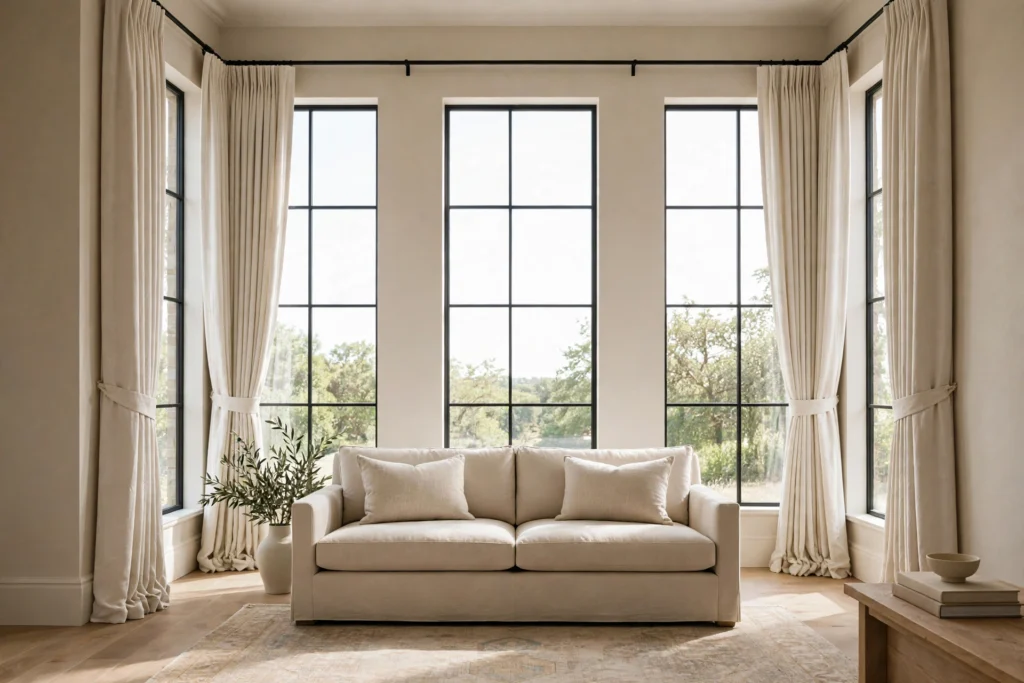 Tall windows with floor-to-ceiling cream linen drapery on a matte black rod
