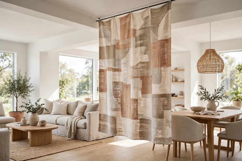 Ceiling hung tapestry dividing open plan lounge and dining zones