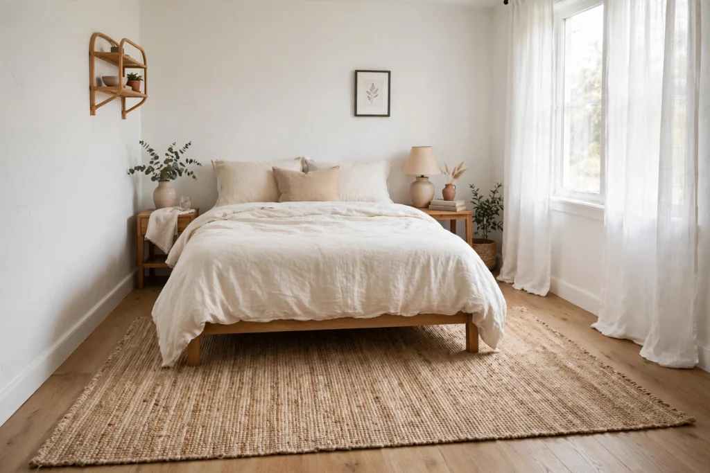 Compact bedroom with a 5x7 rug extending past the foot of the bed