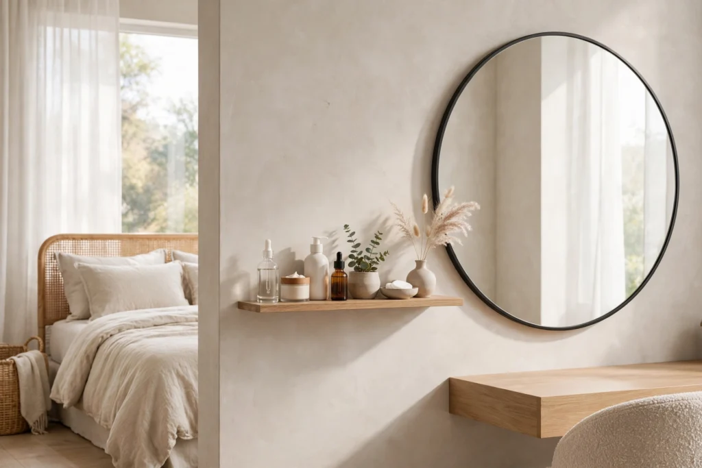 Slim floating shelf with skincare products beside a bedroom vanity mirror
