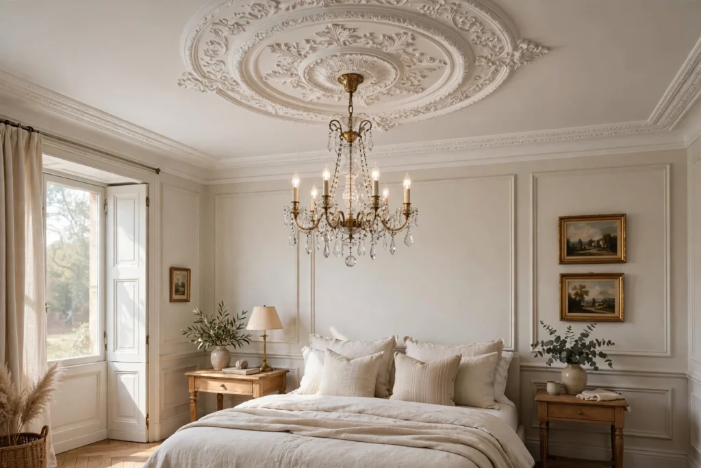 Chandelier anchored by a decorative white ceiling medallion in a bedroom