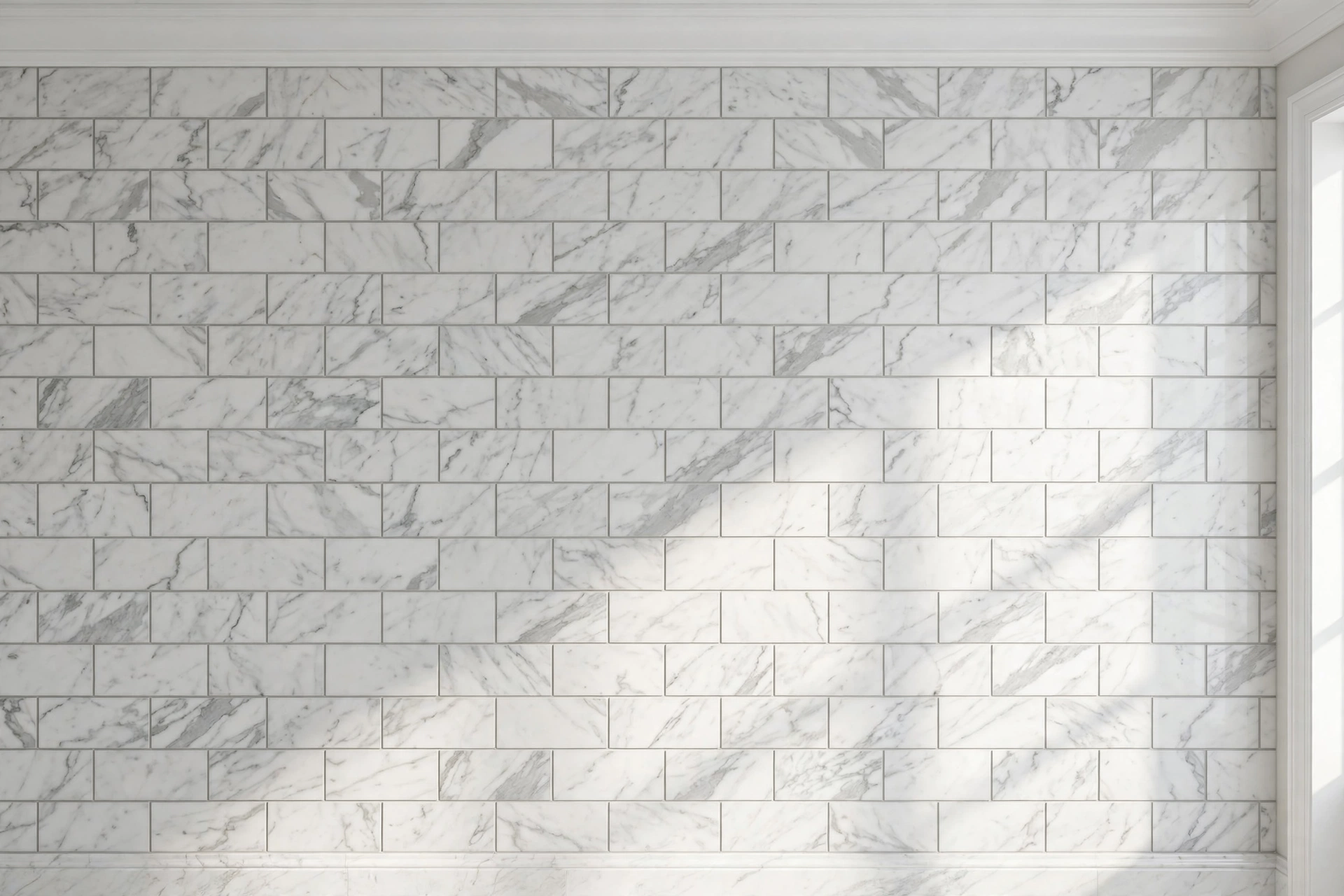 White marble bathroom tile with light gray grout highlighting veining