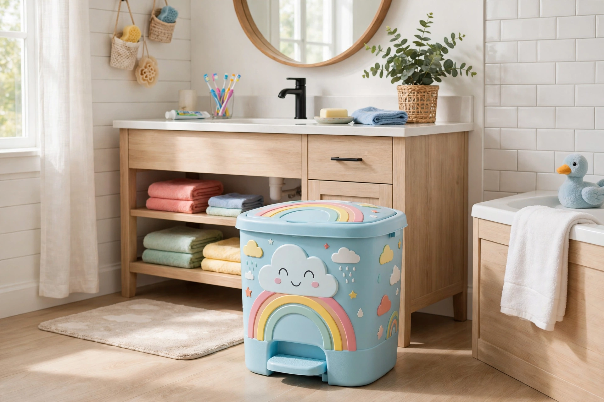Colorful kid-friendly bathroom bin with playful design in a family bathroom