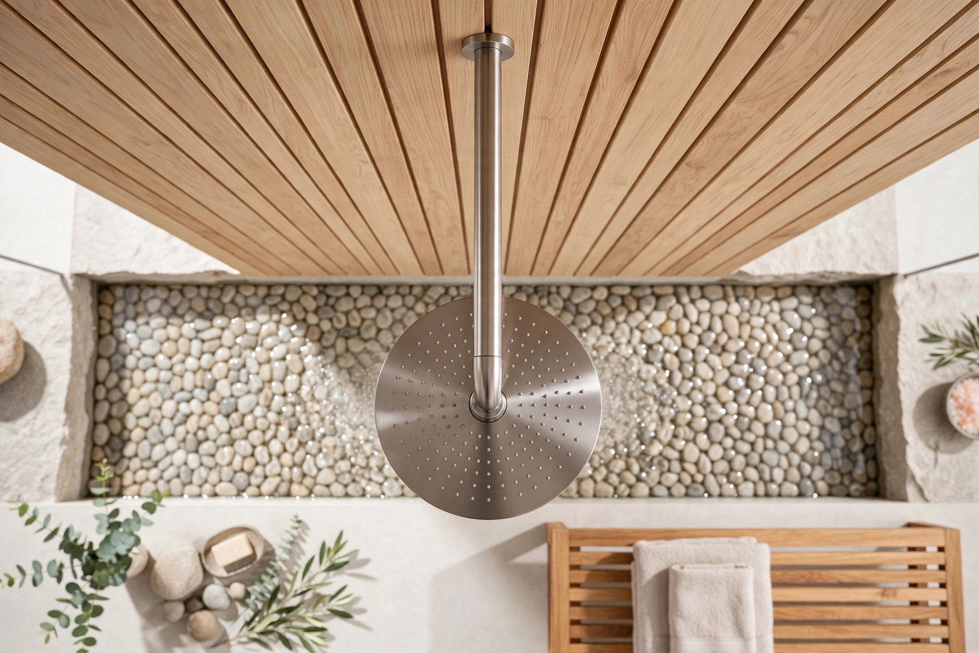 Ceiling-mounted rain shower head with a slim drop pipe in a spa-style bathroom